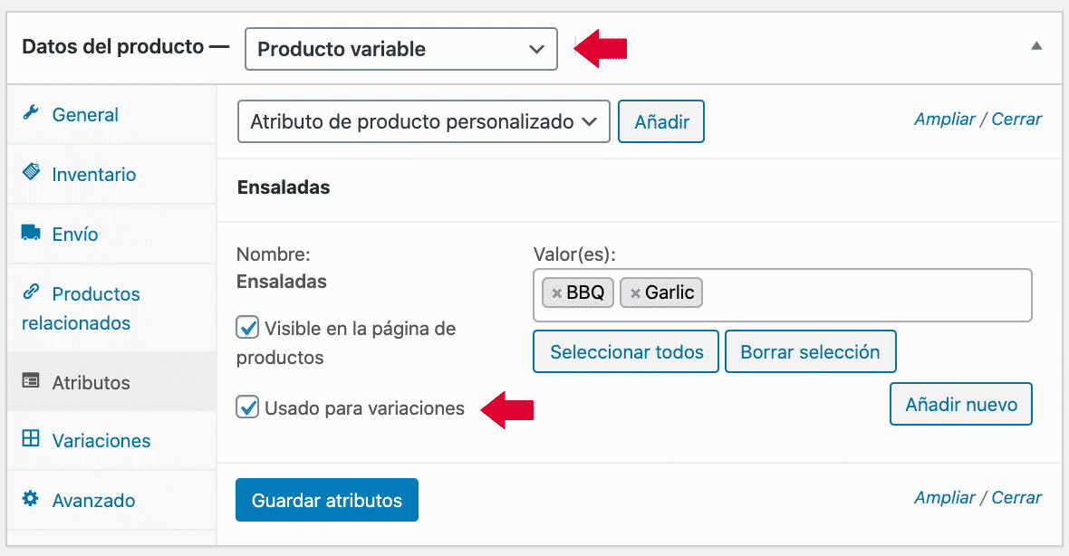 creación producto variable atributos