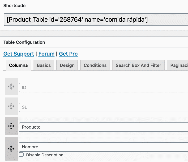 plugin de tabla de productos columna