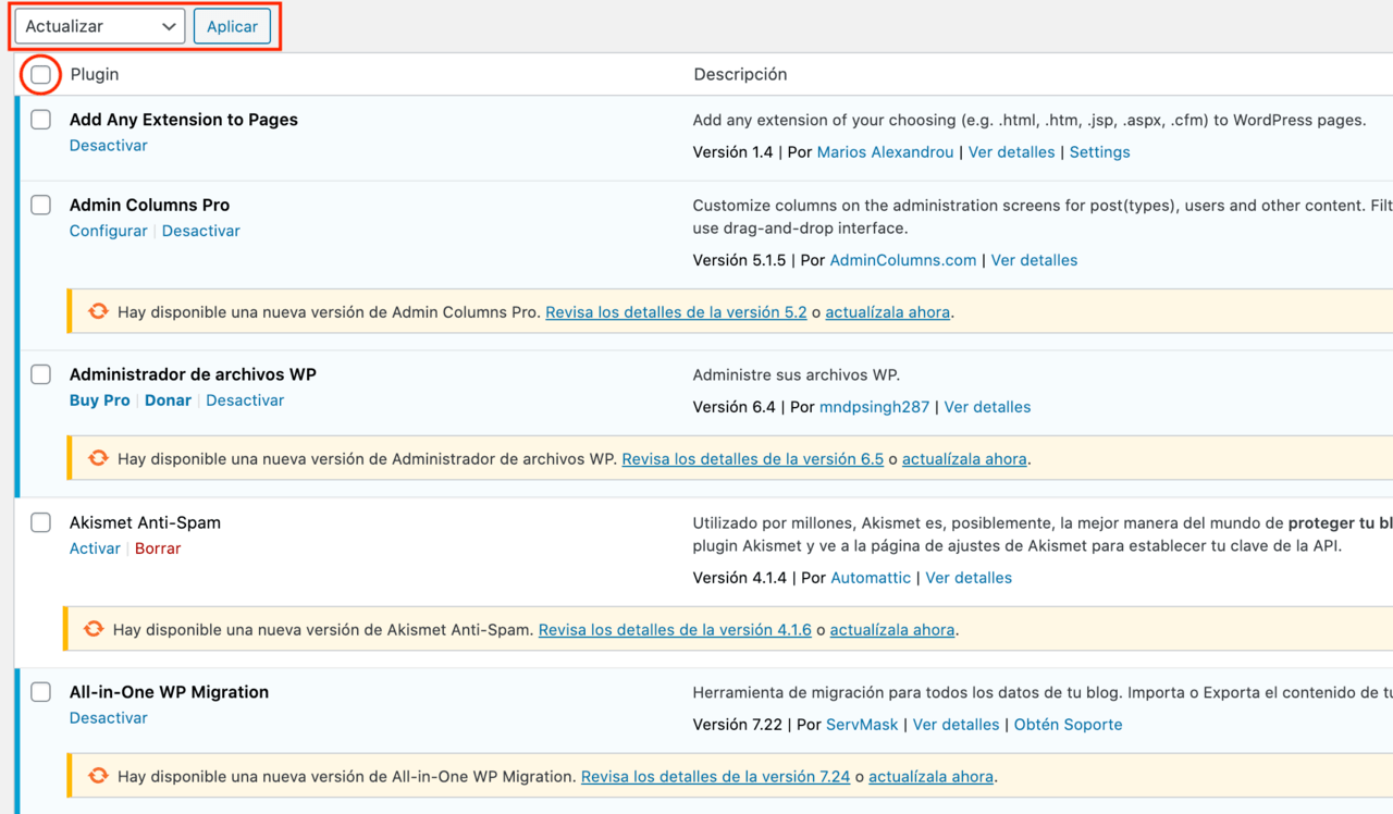 actualizar plugins wordpress
