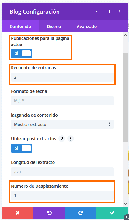 Configuración blog columnas Divi Builder