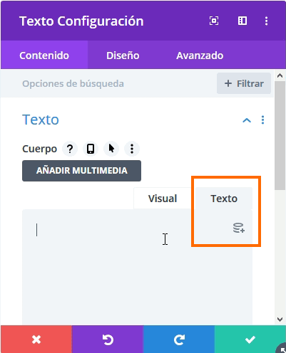 Configuración texto Divi Builder