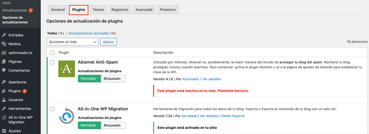 Excluir plugin de actualización automática WordPress