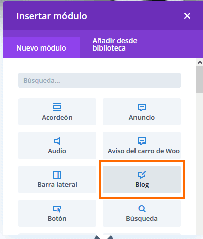 Insertar módulo blog Divi Builder