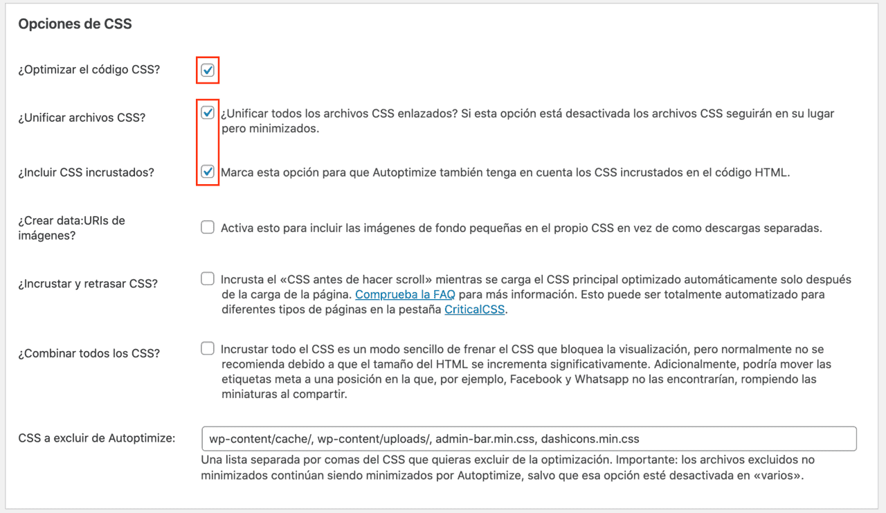 Opciones CSS Plugin Autoptimize