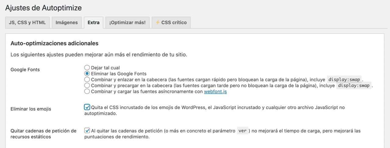 Opciones extra autoptimize