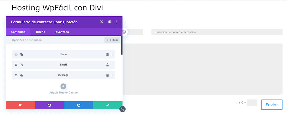 Opciones formulario Divi