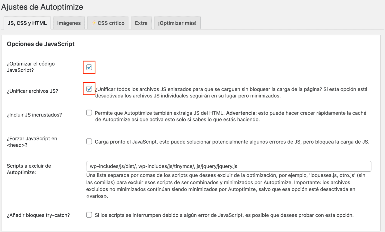 Opciones JavaScript Plugin Autoptimize