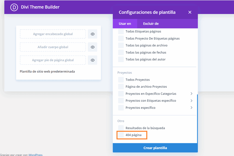 Agregar plantilla 404 divi