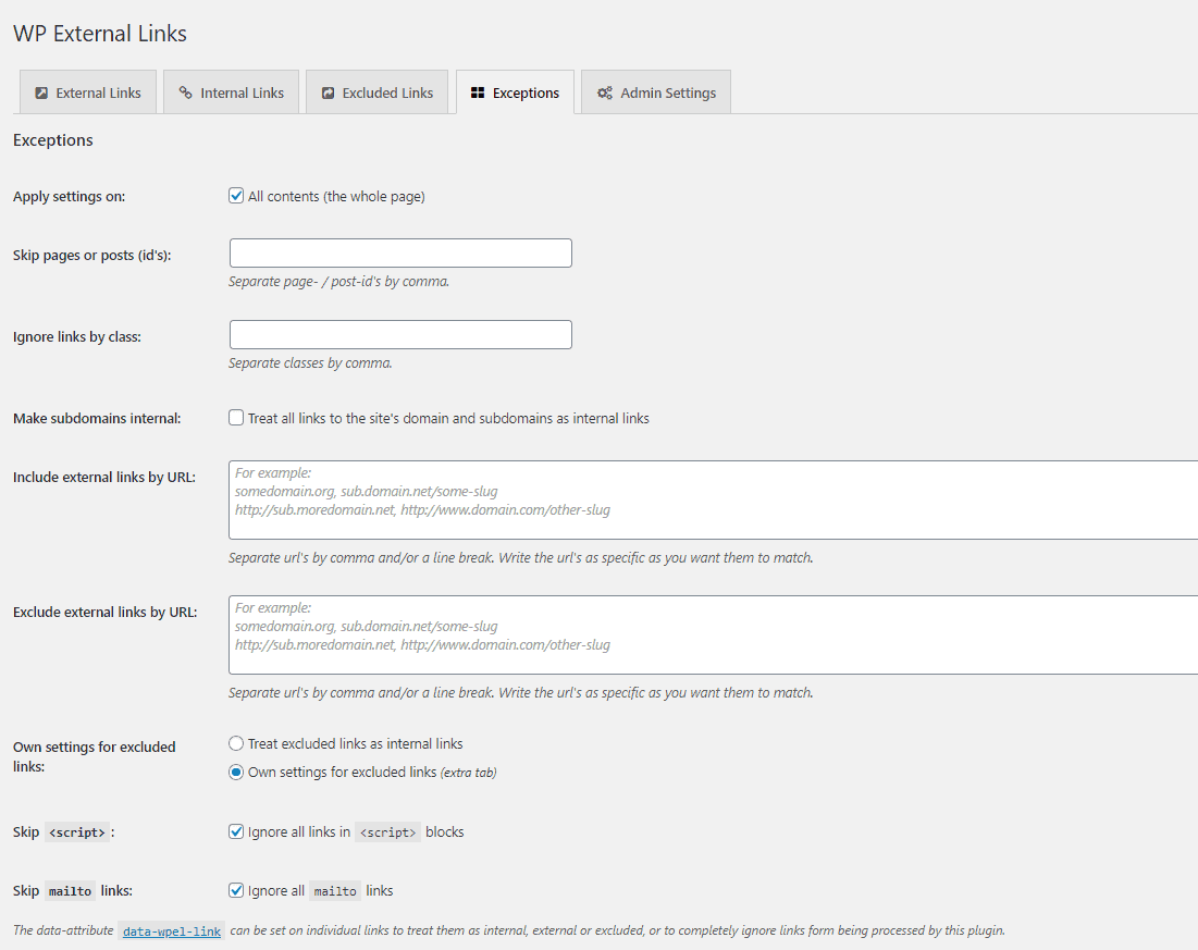 Plugin External Links Exceptions