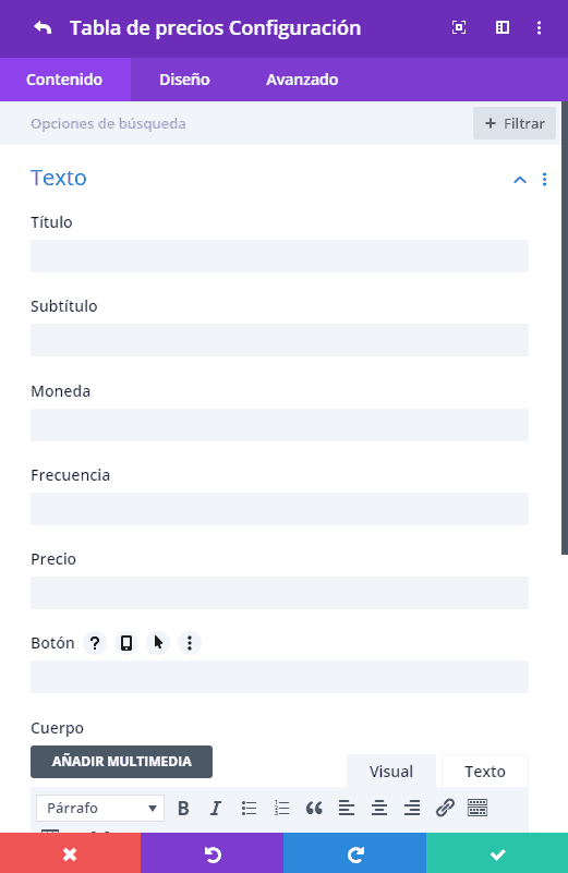 Configuración tabla de precios