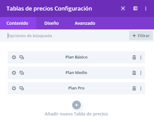 Configuración tabla de precios