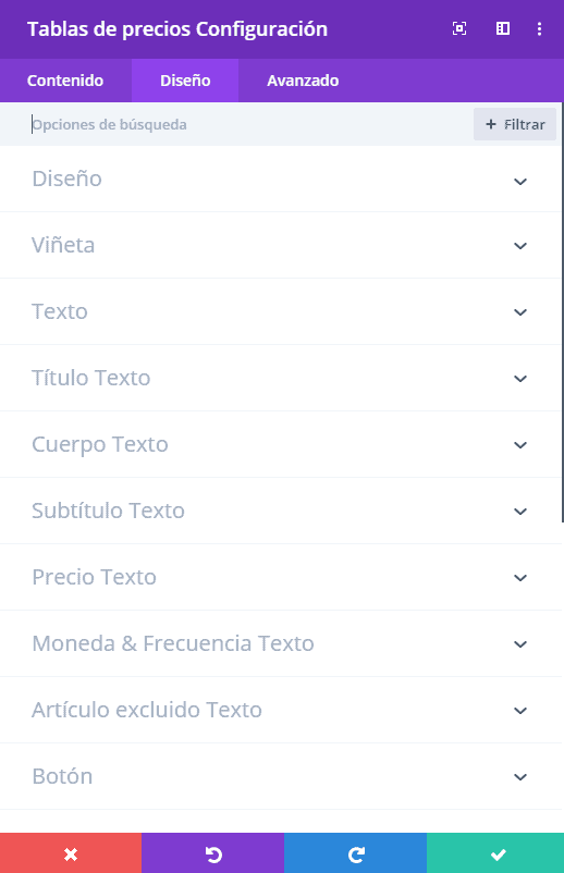 Configuración tabla de precios