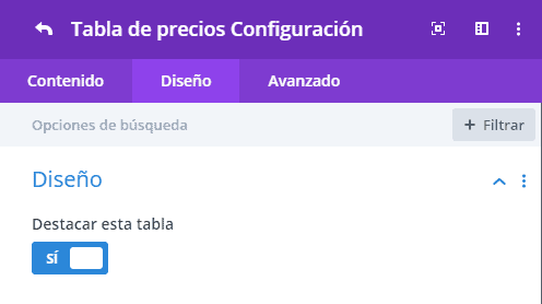 Tabla divi configuración diseño