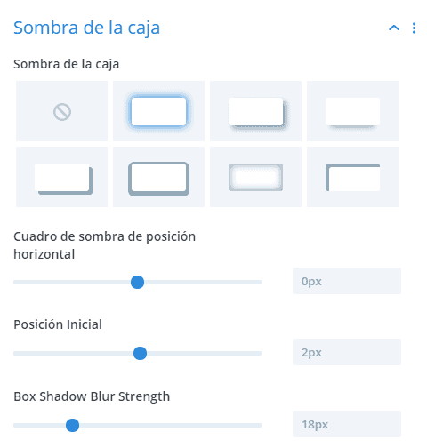 Tabla divi configuración diseño sombra