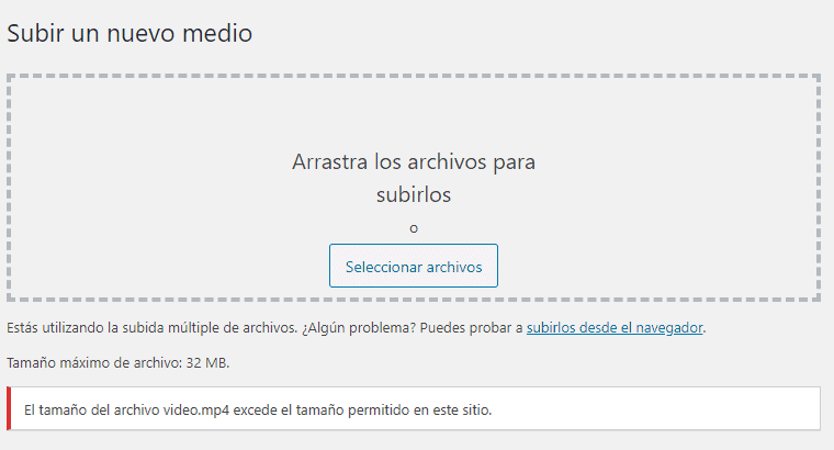 Error excede máximo tamaño permitido