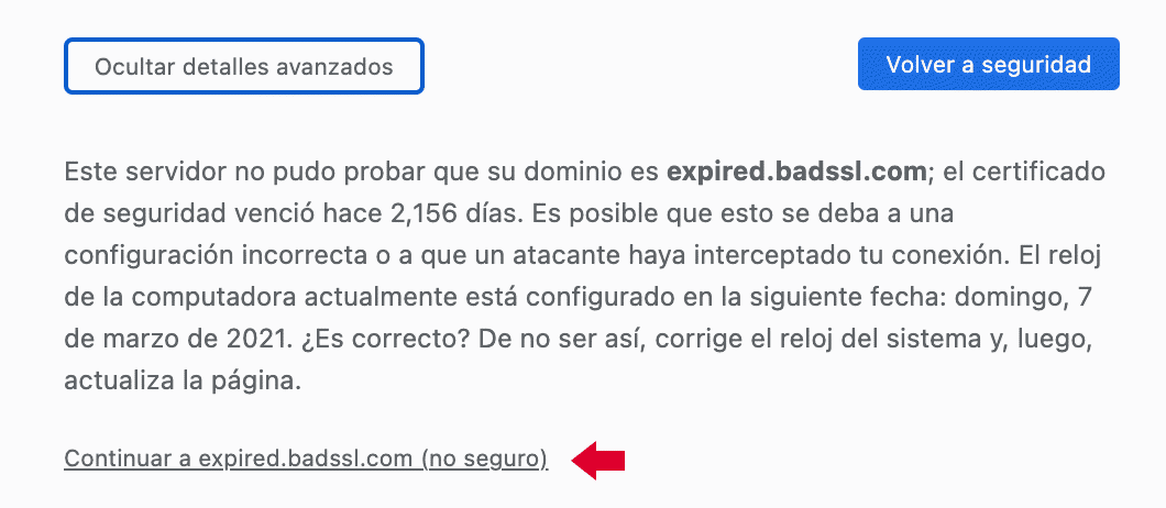 Opciones adicionales conexión no privada en Chrome