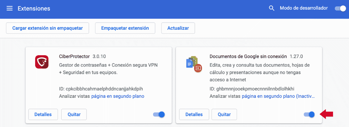 Deshabilitar extensiones del navegador chrome