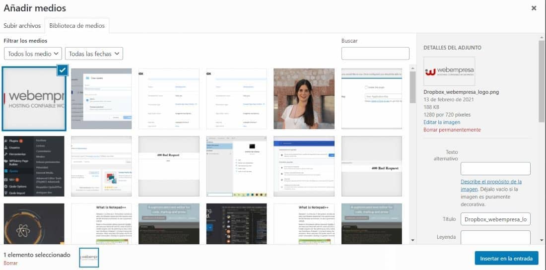 Imagen importada de Dropbox a WordPress con External Media.