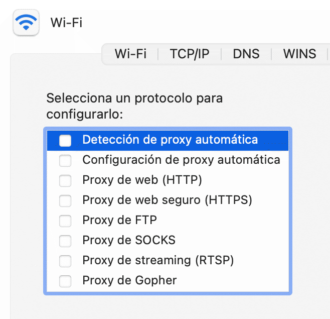 Opciones proxy Mac