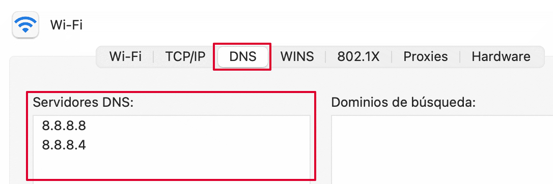 Preferencias de red servidores DNS