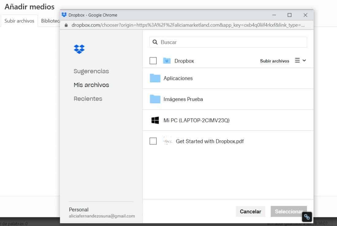 Selecciona la carpeta o recurso en Dropbox.