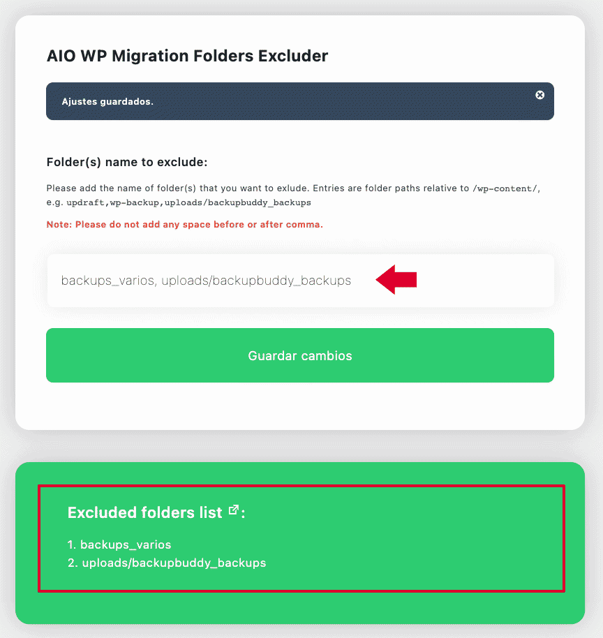 Configuración Folder Excluder for AIO WP Migration
