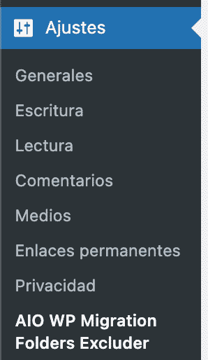 Nueva opción de menú para el plugin Folder Excluder for AIO WP Migration