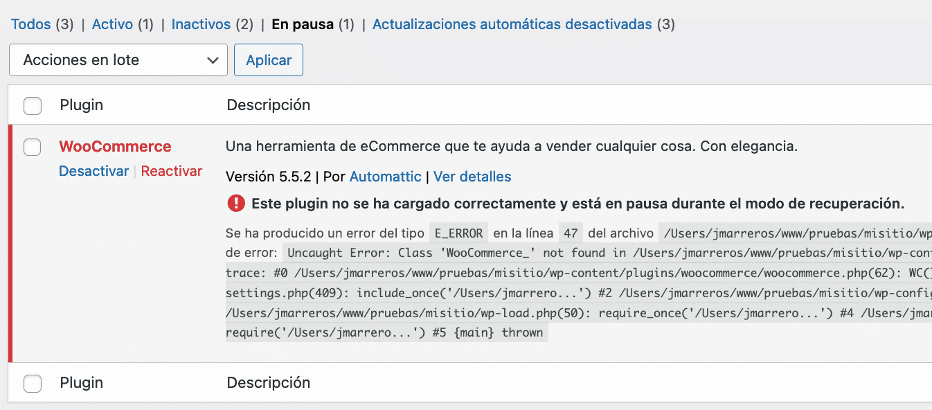 error plugin modo de recuperación