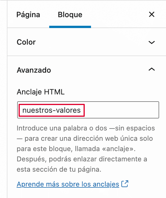 Gutenberg bloque avanzado ancla