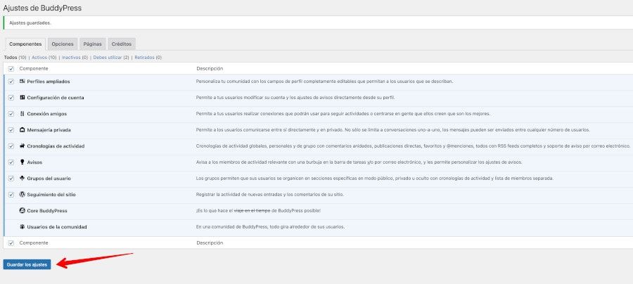 Guardar Ajustes BuddyPress