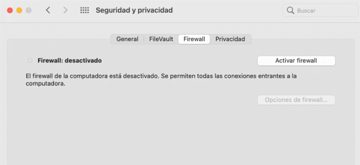 Desactivar firewall en mac