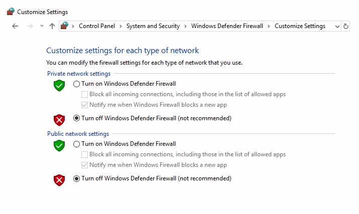 Disable firewall in Windows