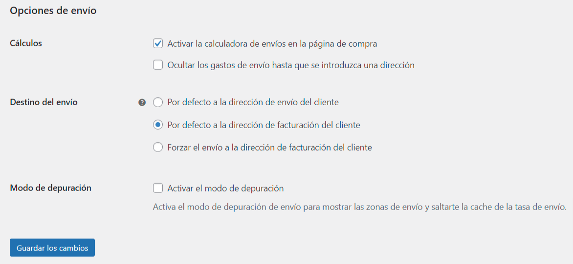 Opciones de WooCommerce envío