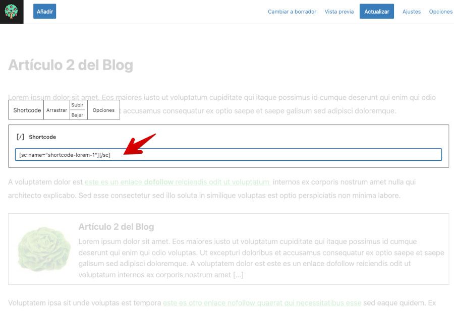 Insertar el shortcode en Entrada con editor de bloques