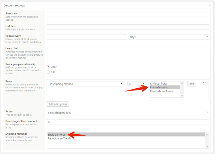 Configuración descuentos envío gratis en productos de WooCommerce