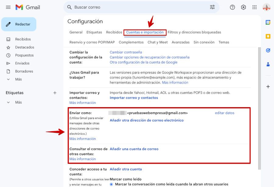 Gmail - Ajustes - Configuración - Cuentas e importación