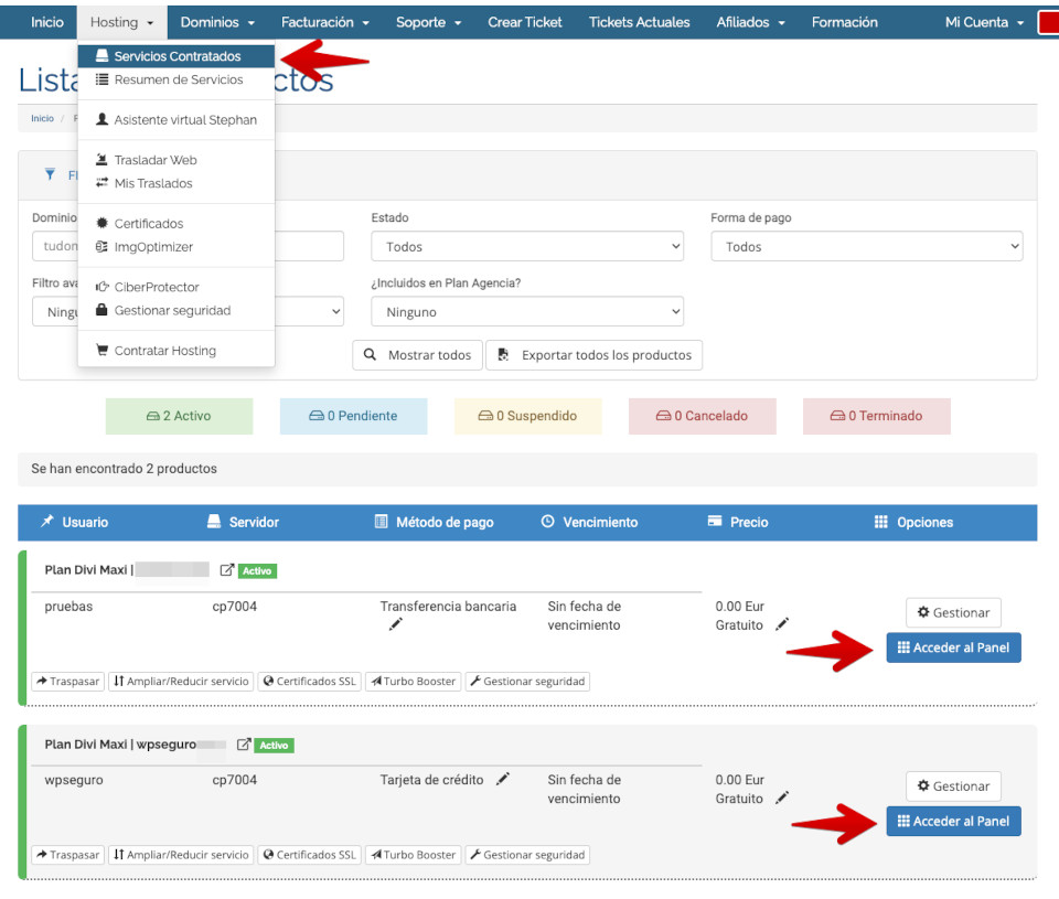 Acceso a wePanel desde el Area de Cliente