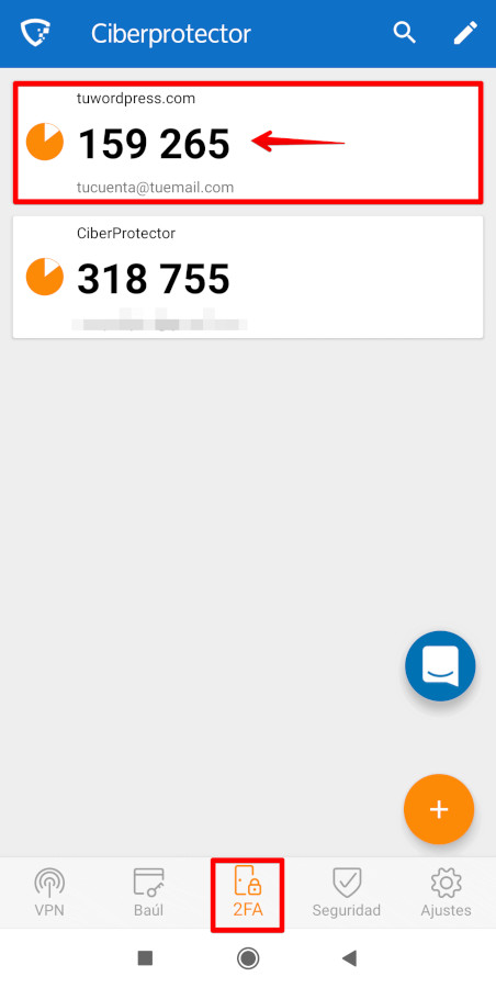 Codigo 2FA CiberProtector para acceder a WordPress