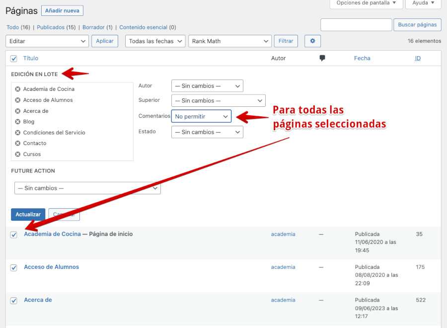 No permitir comentarios mediante acciones en lote