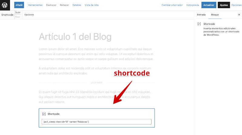 Código corto generado por ACF Views en un bloque de Gutenberg