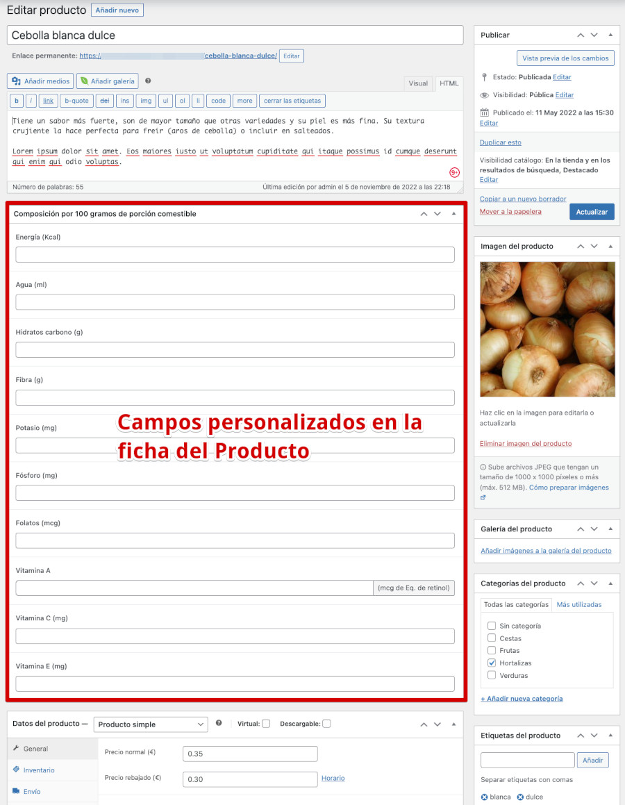 Vista de campos adicionales en la edición de Productos de WooCommerce