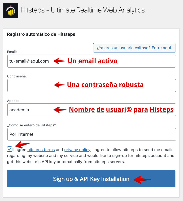 Registrarse en Hitsteps y obtener la API Key