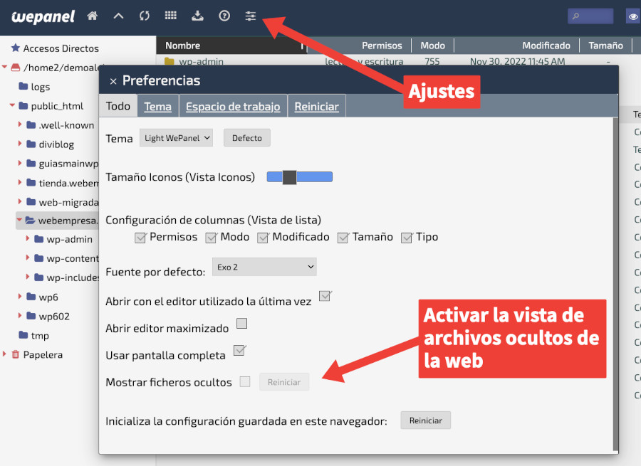 Activar la visibilidad de archivos ocultos en WePanel