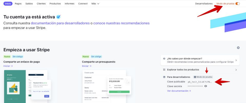 Activar el modo de prueba en Stripe