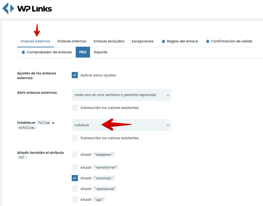 Activar atributo nofolow para todos los enlaces externos