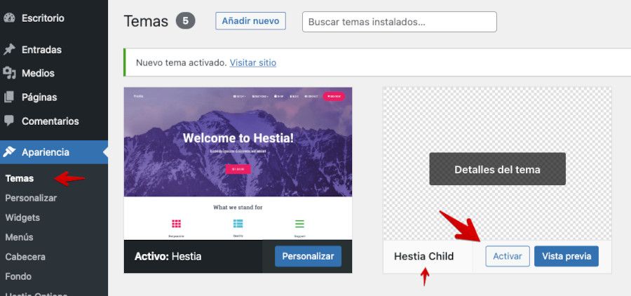 Activar el tema hijo creado con código