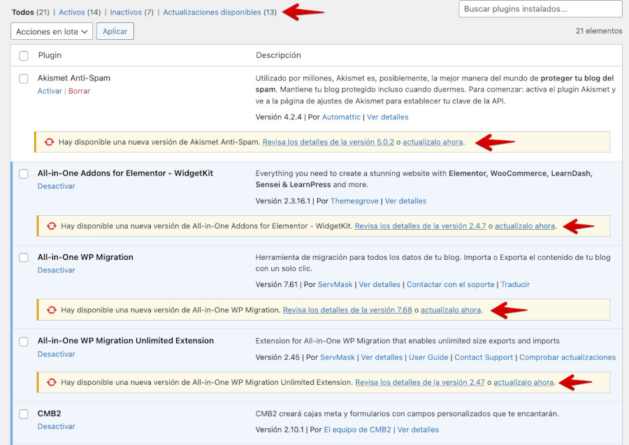 Ejemplo de actualizaciones ependientes de plugins de una instalación de WordPress