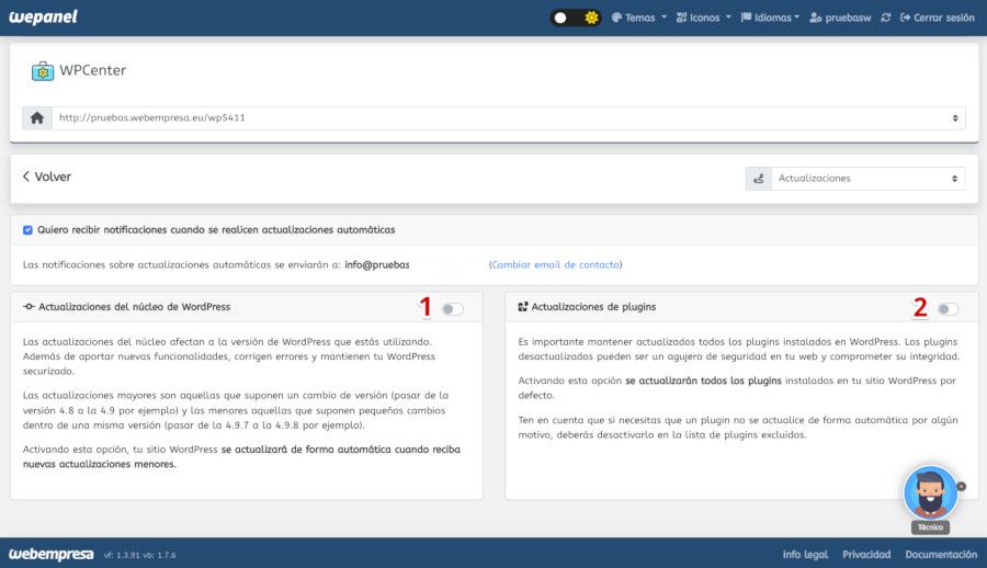 actualizaciones-wpcenter-opciones Opciones de actualización desde WPCenter en wePanel