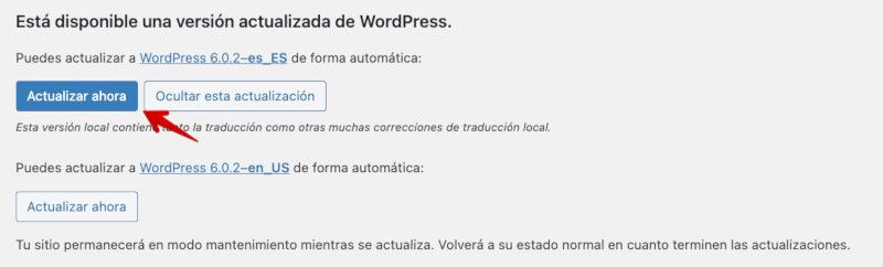 Actualizar versiones mayores de WordPress desde el dashboard