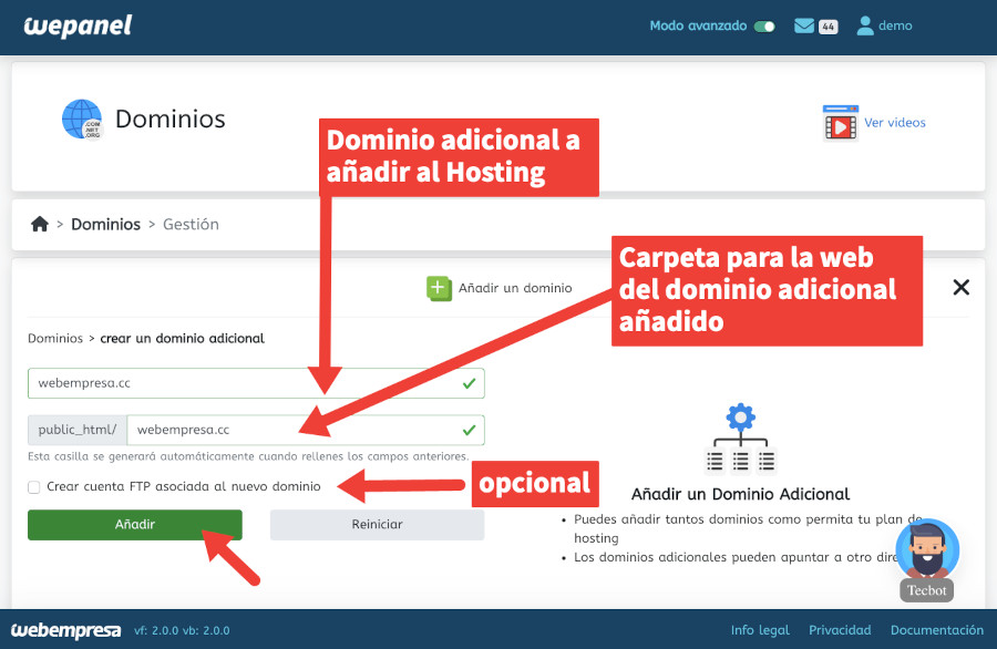 Añadir dominio adicional al panel de hosting WePanel